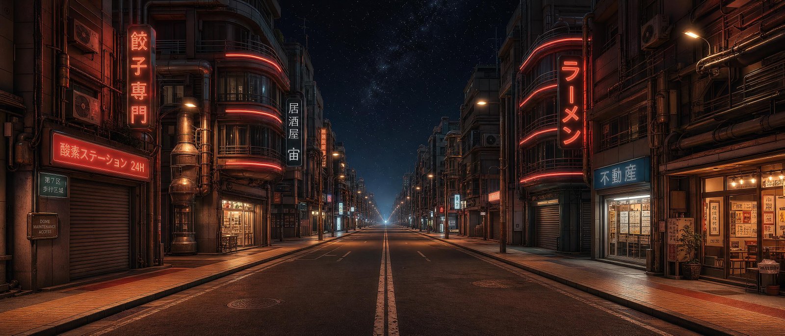 An empty Neo-Mars street at night, one-point perspective under the stars