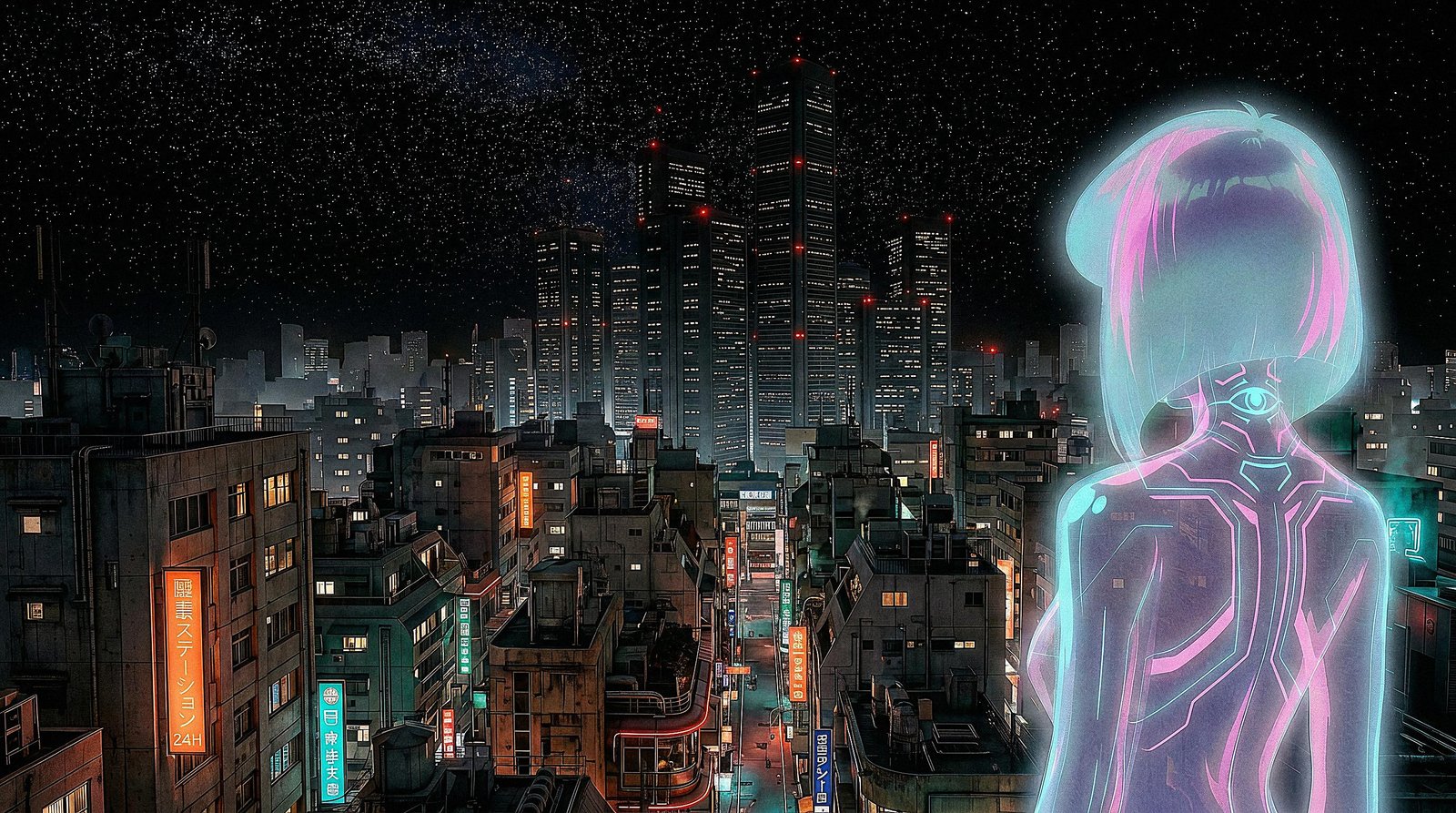 MIA looks over the downtown of Neo-Mars under deep space