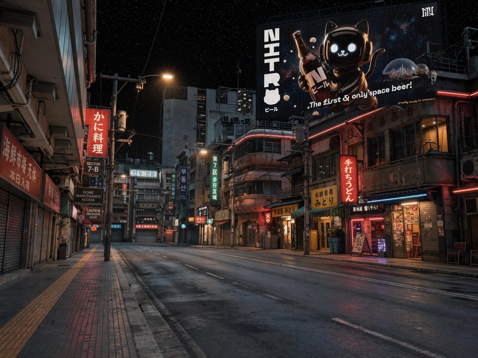 A NITRO space-beer billboard glowing over a Neo-Mars street at night