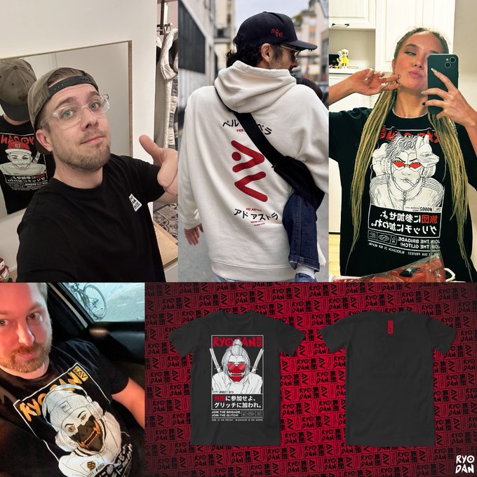 Pioneers wearing their Ryodan pieces in real life, with the 1/1 tee designs