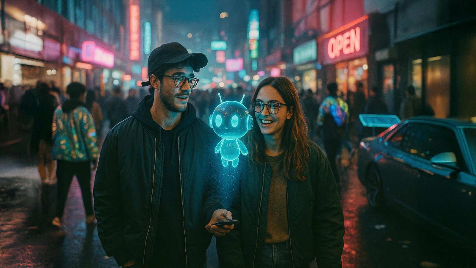 Two people walking through the district while a small agent hologram floats over a phone